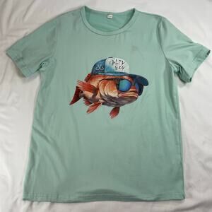 Kids Salty Boy Fish Graphic T-Shirt Mint Green Short Sleeve Size 11-12Y